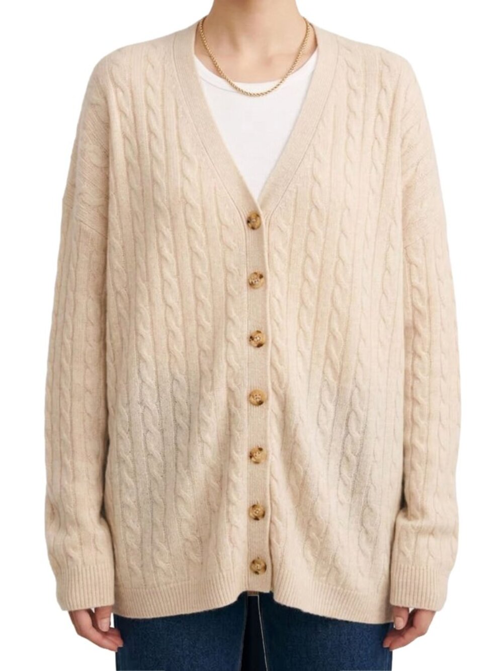 Reformation Giusta Cashmere Cable Knit Cardigan Sweater Beige Oversized S